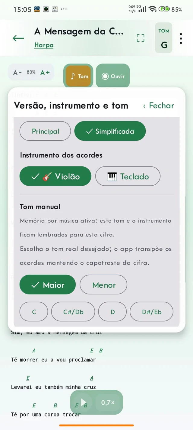 Tela de versão, instrumento e tom do SOLA Captor
